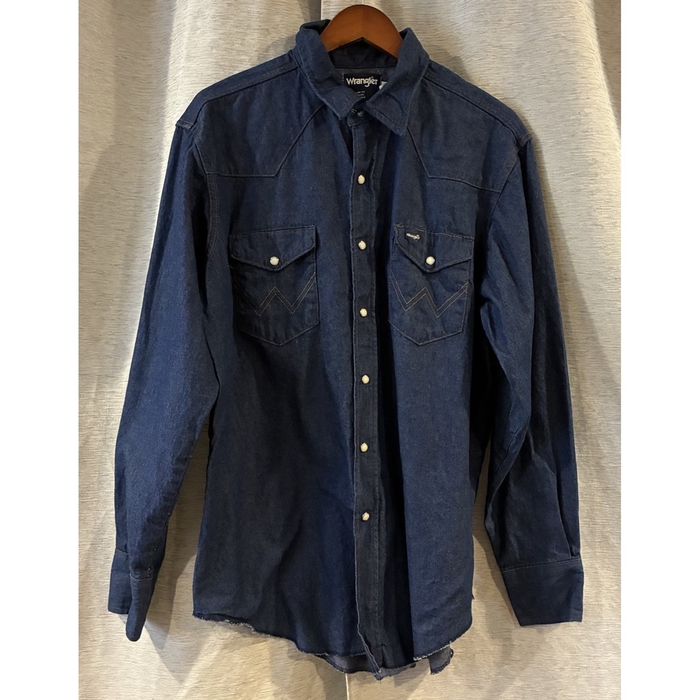Vintage Wrangler Denim Pearl Snap Shirt Mens 17.5x35 Blue Western Cowboy 70127MW
